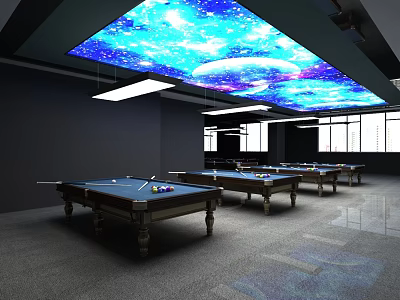 Spacious Billiard Room with Multiple Pool Tables and Starry Sky Ceiling Lighting Design 3d model