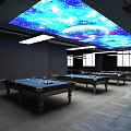 Spacious Billiard Room with Multiple Pool Tables and Starry Sky Ceiling Lighting Design 3d model