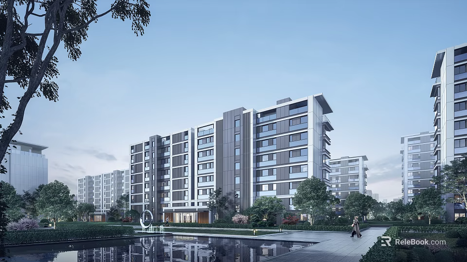 Modern Mid Rise Residential Building With Landscaped Greenery Water Reflection and Pedestrian Walkway 3d model 