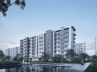 Modern Mid Rise Residential Building With Landscaped Greenery Water Reflection and Pedestrian Walkway 3d model
