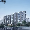 Modern Mid Rise Residential Building With Landscaped Greenery Water Reflection and Pedestrian Walkway