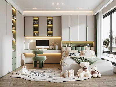 Modern Tatami Bedroom Interior With Green Storage Cabinets Stuffed Toys Desk And Rug 3d model