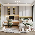 Modern Tatami Bedroom Interior With Green Storage Cabinets Stuffed Toys Desk And Rug