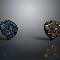 Household Decorative Items Two Black Spheres With Blue And Yellow Glowing Intricate Patterns And Reflections