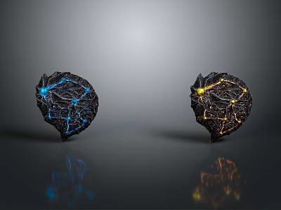 Household Decorative Items Two Black Spheres With Blue And Yellow Glowing Intricate Patterns And Reflections 3d model