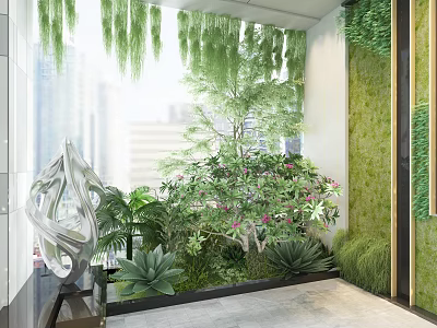 Modern Indoor Greenery Design With Hanging Plants Green Wall Pink Flowers And Succulents 3d model