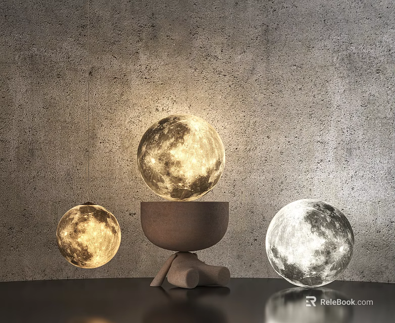 Modern Moon Texture Spherical Floor Lamps With Unique Natural Base Designs 3d model