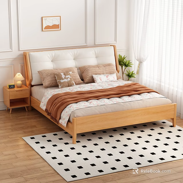 Double Bed With Upholstered Headboard Wooden Frame And Decorative Pillows On Rug 3d model 