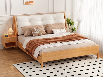 Double Bed With Upholstered Headboard Wooden Frame And Decorative Pillows On Rug 3d model