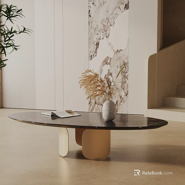 Modern Sofa Coffee Table Combination With Marble Top Dried Plant Vase In Open Living Space 3d model 