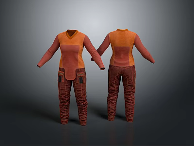 Casual Workwear Clothing Set With Orange Long Sleeve Top And Brown Striped Pants 3d model