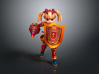Cute Game and Movie Character With Red and Gold Armor Twin Ponytails Shield and Weapon 3d model