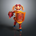 Cute Game and Movie Character With Red and Gold Armor Twin Ponytails Shield and Weapon