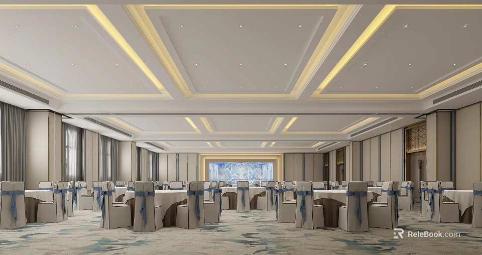 Elegant Modern Banquet Hall Interior With Luxurious Ceiling Neatly Arranged Tables And Chair Covers Ribbons 3d model 