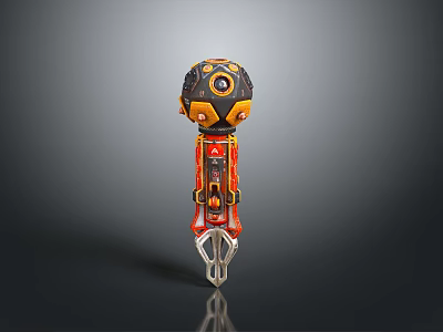 Futuristic Black Yellow Red Mechanical Robot With Spherical Head And Spiked Base 3d model