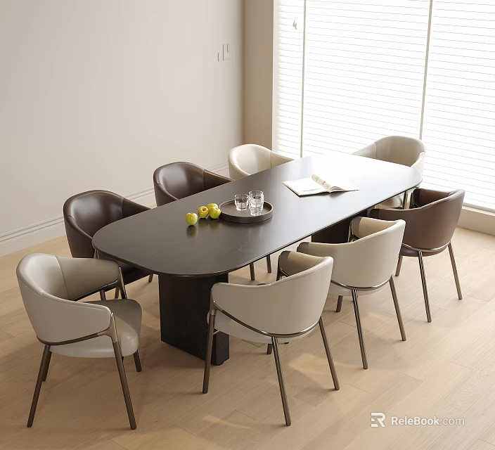 Modern Table And Chairs Set With Sleek Design Fruit Tray Book Wooden Floor 3d model 