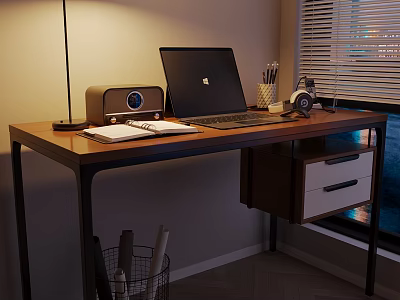 Modern Organized Home Office Desk with Laptop Lamp Notebook Radio and Storage Drawers 3d model