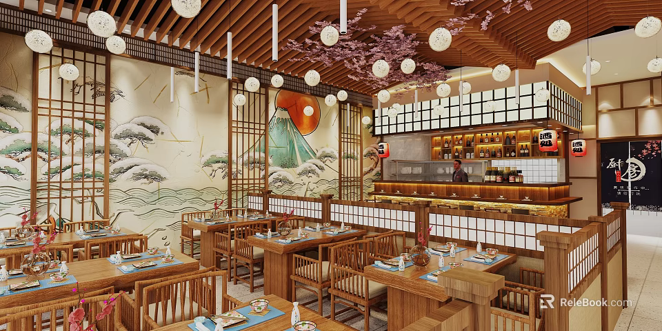 Japanese Restaurant Interior With Cherry Blossom Decor Lanterns Mountain Wave Murals And Wooden Bar Counter 3d model 