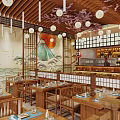 Japanese Restaurant Interior With Cherry Blossom Decor Lanterns Mountain Wave Murals And Wooden Bar Counter