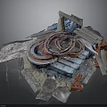 Abstract Scene Components Featuring Metal Plates Wooden Planks Circular Rings Bricks And Blue Elements