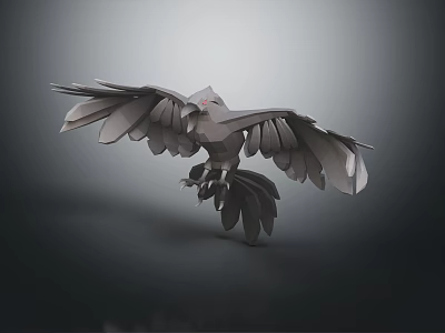 Origami Crow With Spread Wings And Layered Feathers In Dynamic Flight Pose On Dark Background 3d model
