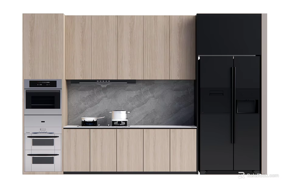Modern Kitchen Interior With Light Wood Cabinets Black Refrigerator Oven And Gray Backsplash 3d model 