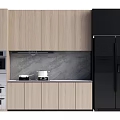 Modern Kitchen Interior With Light Wood Cabinets Black Refrigerator Oven And Gray Backsplash