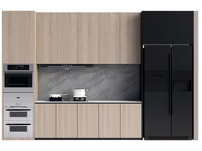 Modern Kitchen Interior With Light Wood Cabinets Black Refrigerator Oven And Gray Backsplash 3d model