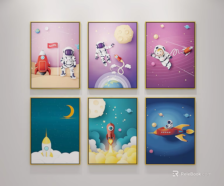 Colorful Space Themed Illustrations With Astronauts Rockets And Moon Elements 3d model