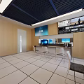 Modern Classroom Interior With Blue Ceiling White Tables Chairs And Screens