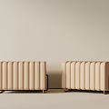 Modern Two Beige Vertical Striped Upholstered Sofa Stools With Black Metal Legs