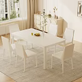 White Rectangular Dining Table Set With Six Chairs Fruit Plate And Vase In Bright Room 3d model