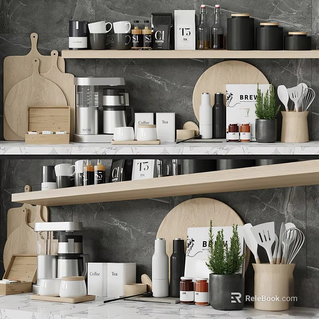 Modern Kitchen Shelf Display With Spice Bottles Cutting Boards And Potted Green Plant 3d model 