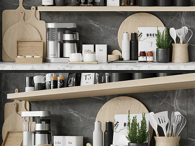 Modern Kitchen Shelf Display With Spice Bottles Cutting Boards And Potted Green Plant 3d model