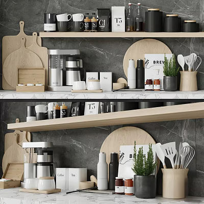 Modern Kitchen Shelf Display With Spice Bottles Cutting Boards And Potted Green Plant 3d model