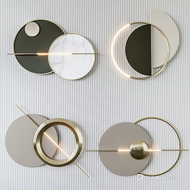Modern Elegant Circular Wall Decor with Metal Frames and Marble Accents 3d model