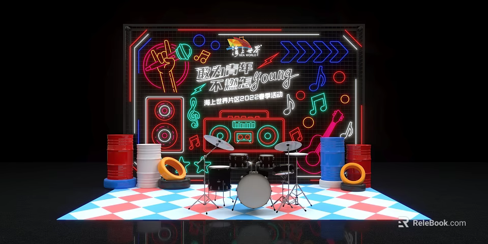 Vibrant Campus Music Festival Photo Spot With Neon Lights Music Elements Drum Set And Colorful Barrels 3d model 