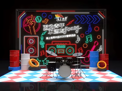 Vibrant Campus Music Festival Photo Spot With Neon Lights Music Elements Drum Set And Colorful Barrels 3d model