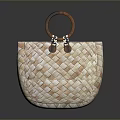Woven Handbag with Brown Circular Handle and Metal Accents Beige Woven Texture Daily Life Accessory