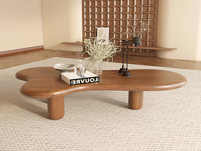 Wooden Irregular Shaped Coffee Table With Decorative Items In Minimalist Living Room 3d model