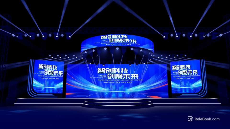 Modern Ballroom with Blue Lighting Stage Tech Inspired Screens and Ambient Decor Design 3d model 