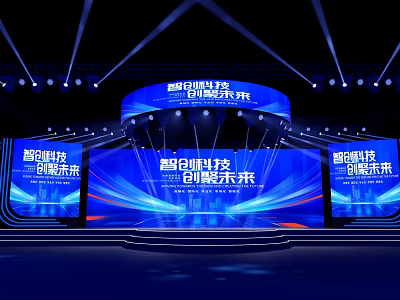 Modern Ballroom with Blue Lighting Stage Tech Inspired Screens and Ambient Decor Design 3d model