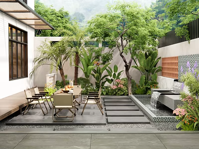 Modern Courtyard Garden Design With Lush Greenery Outdoor Seating Water Feature And Stone Slabs 3d model