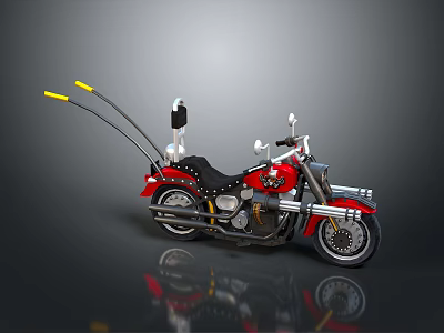 Red Motorcycle With Black Seat Yellow Accents Extended Rear Parts And Chrome Design 3d model