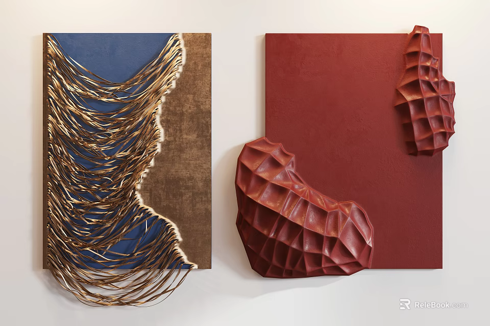 Decorative Wall Art With Gold Thread Wrapped Blue Brown And Red Geometric Textured Design 3d model 