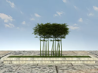 Tall Green Bamboo Plants Growing on Stone Platform With Blue Sky and White Clouds 3d model