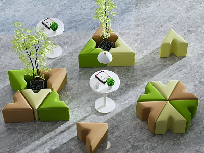 Modern Public Chairs With Green Brown Design Triangular Clover Shapes Small Tables And Plants 3d model