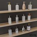 Stylish Liquid Soap Dispensers on Wooden Shelves Featuring Marble Metal and Ceramic Designs