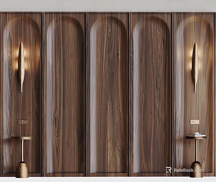 Elegant Bed Background Wall With Wooden Panel Design And Wall Sconces 3d model