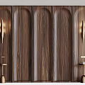 Elegant Bed Background Wall With Wooden Panel Design And Wall Sconces 3d model